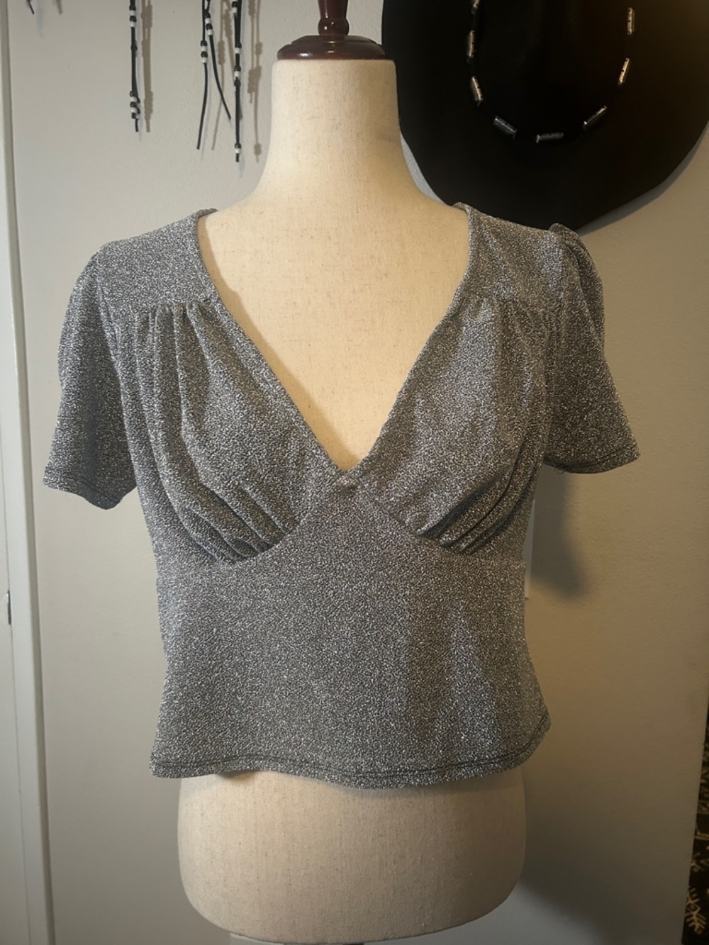 Hell Bunny Silver Shimmery V-Neck Crop Top